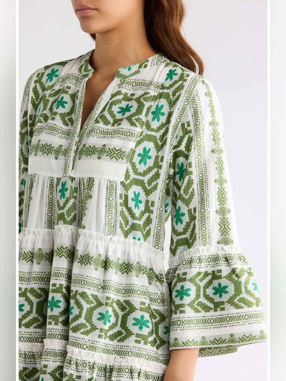 Elan Tiered White and Green Embroidered Mini Dress - Picture 6 of 11